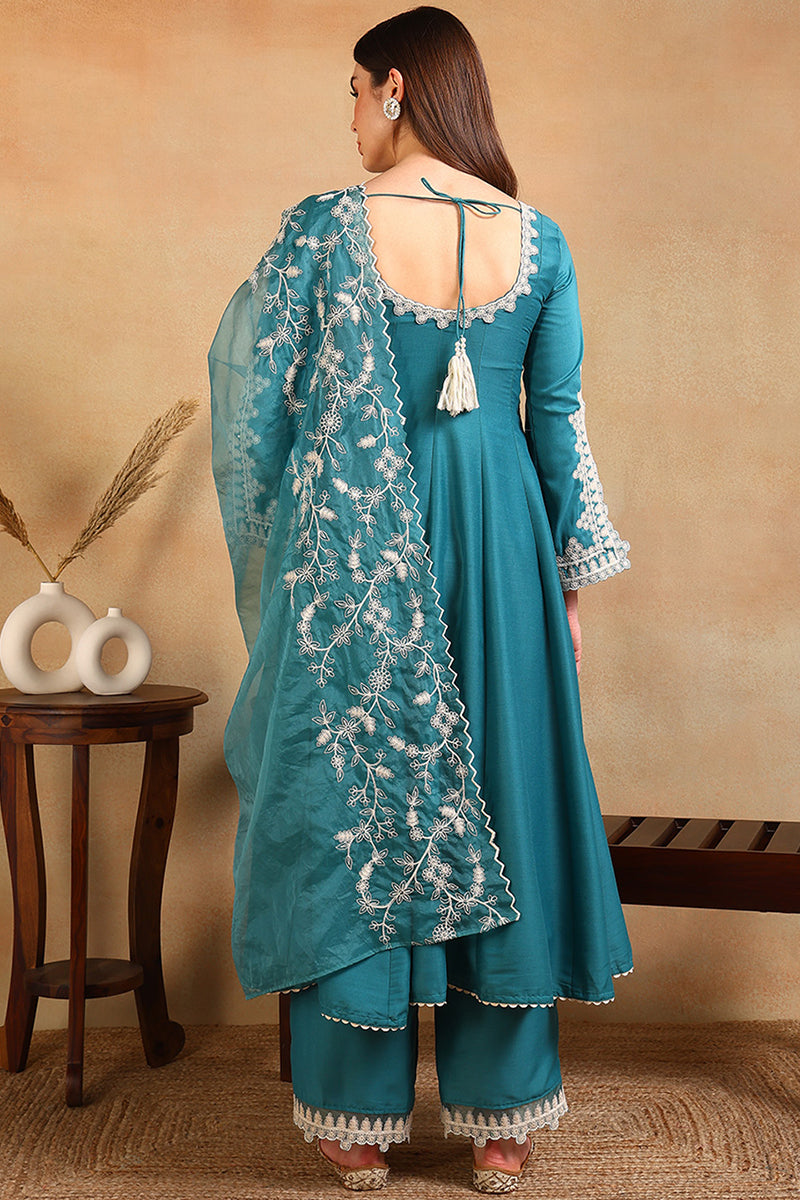 Blue Silk Blend Solid Embroidered Flared Anarkali Suit Set | SHOBITAM