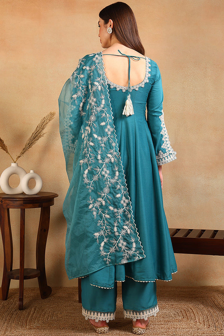 Blue Silk Blend Solid Embroidered Flared Anarkali Suit Set | SHOBITAM