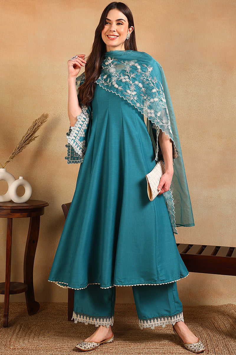 Blue Silk Blend Solid Embroidered Flared Anarkali Suit Set | SHOBITAM