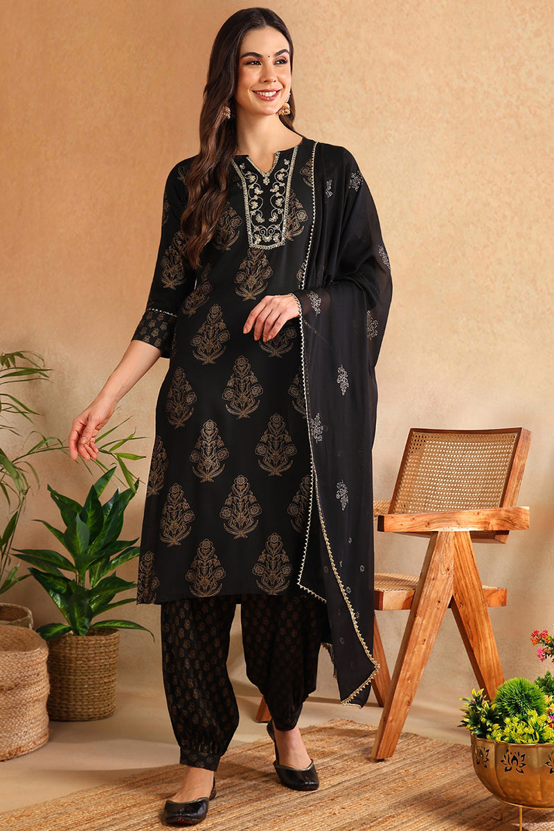 Black Viscose Rayon Solid Woven Design Straight Suit Set  | SHOBITAM