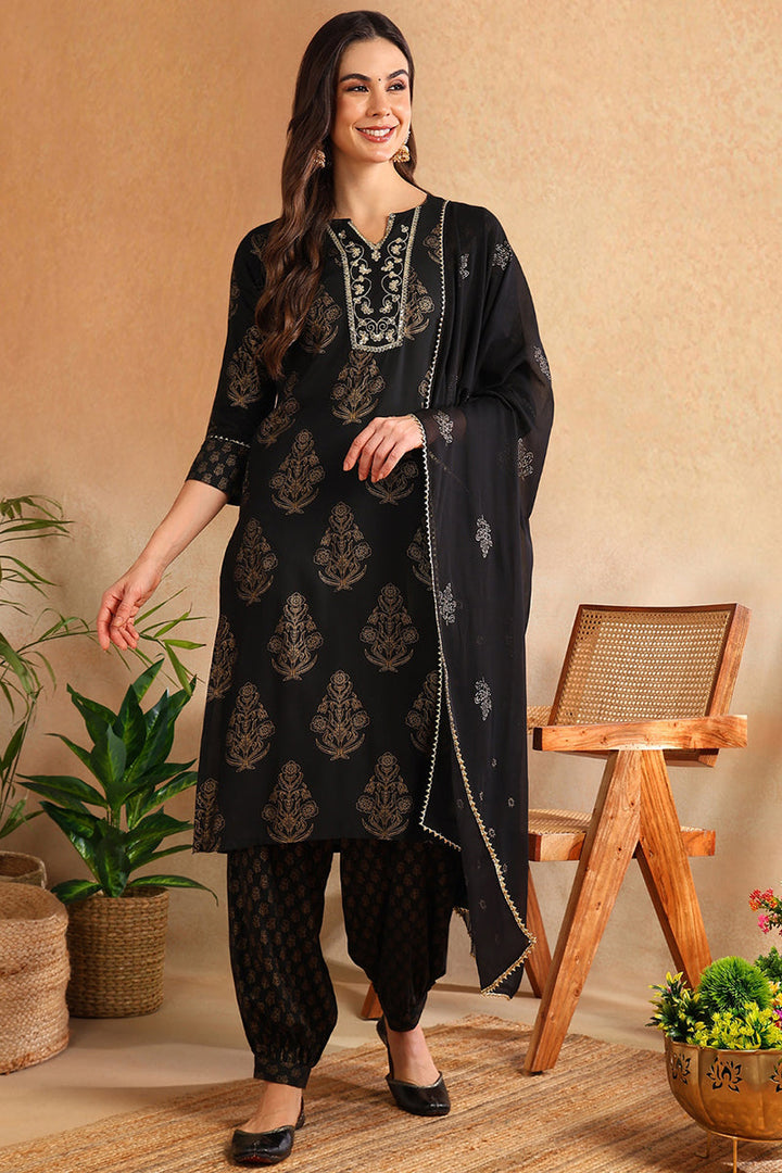 Black Viscose Rayon Solid Woven Design Straight Suit Set  | SHOBITAM