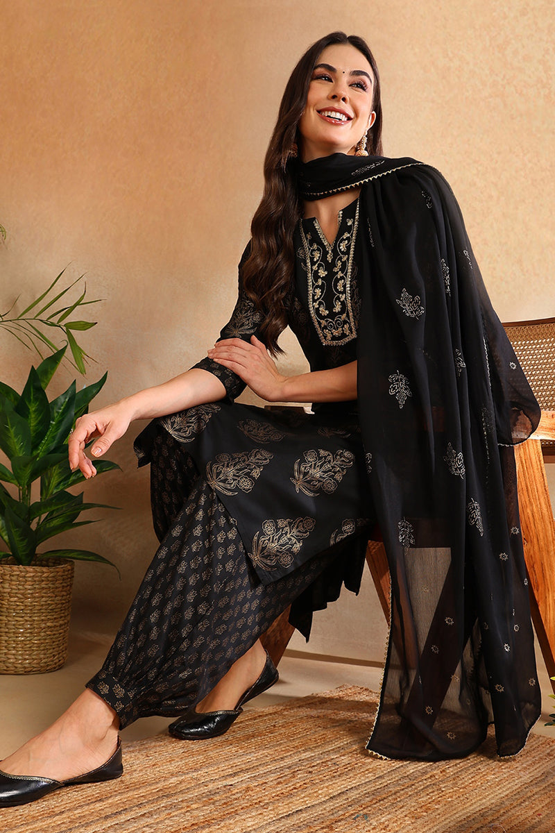 Black Viscose Rayon Solid Woven Design Straight Suit Set  | SHOBITAM