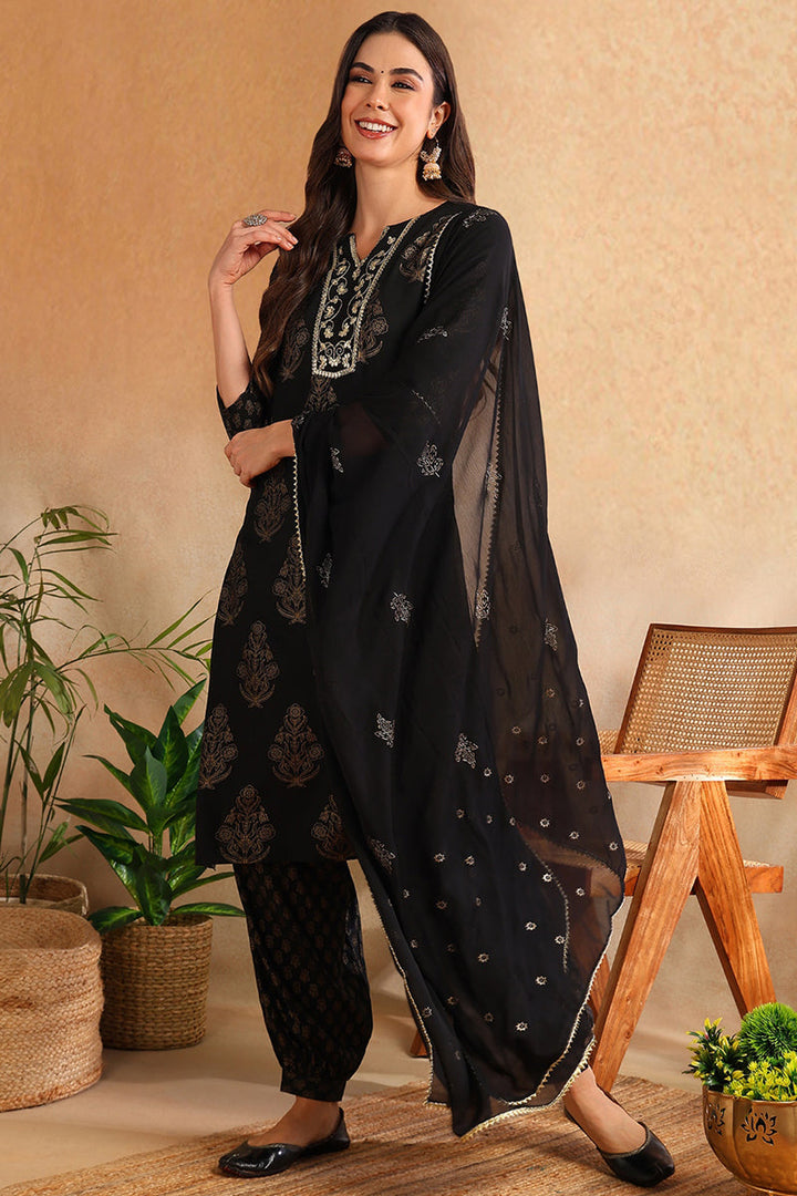 Black Viscose Rayon Solid Woven Design Straight Suit Set  | SHOBITAM