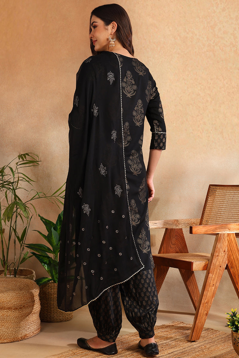 Black Viscose Rayon Solid Woven Design Straight Suit Set  | SHOBITAM