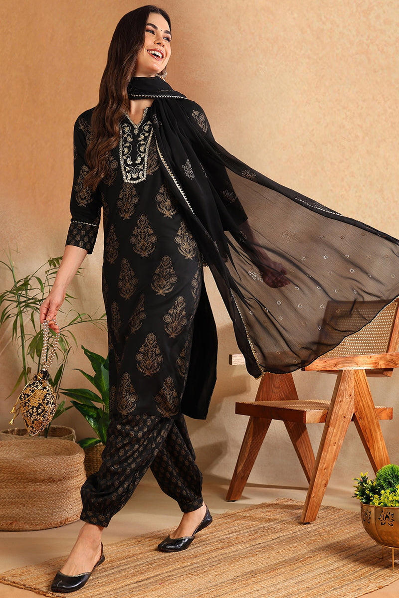 Black Viscose Rayon Solid Woven Design Straight Suit Set  | SHOBITAM
