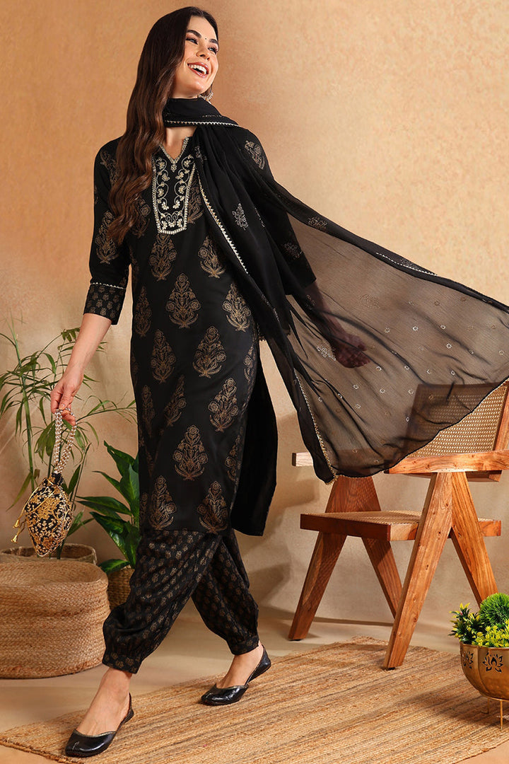 Black Viscose Rayon Solid Woven Design Straight Suit Set  | SHOBITAM