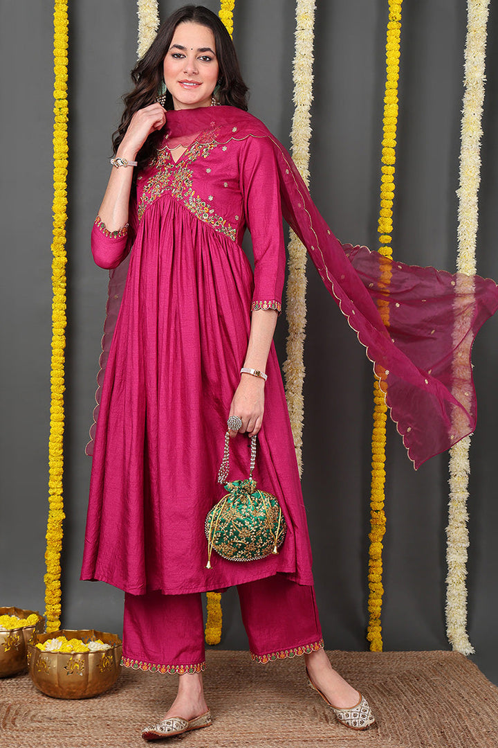 Pink Silk Blend Solid Embroidered Flared Suit Set | SHOBITAM