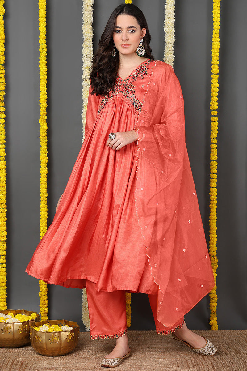 Orange Silk Blend Solid Embroidered Flared Suit Set  | SHOBITAM