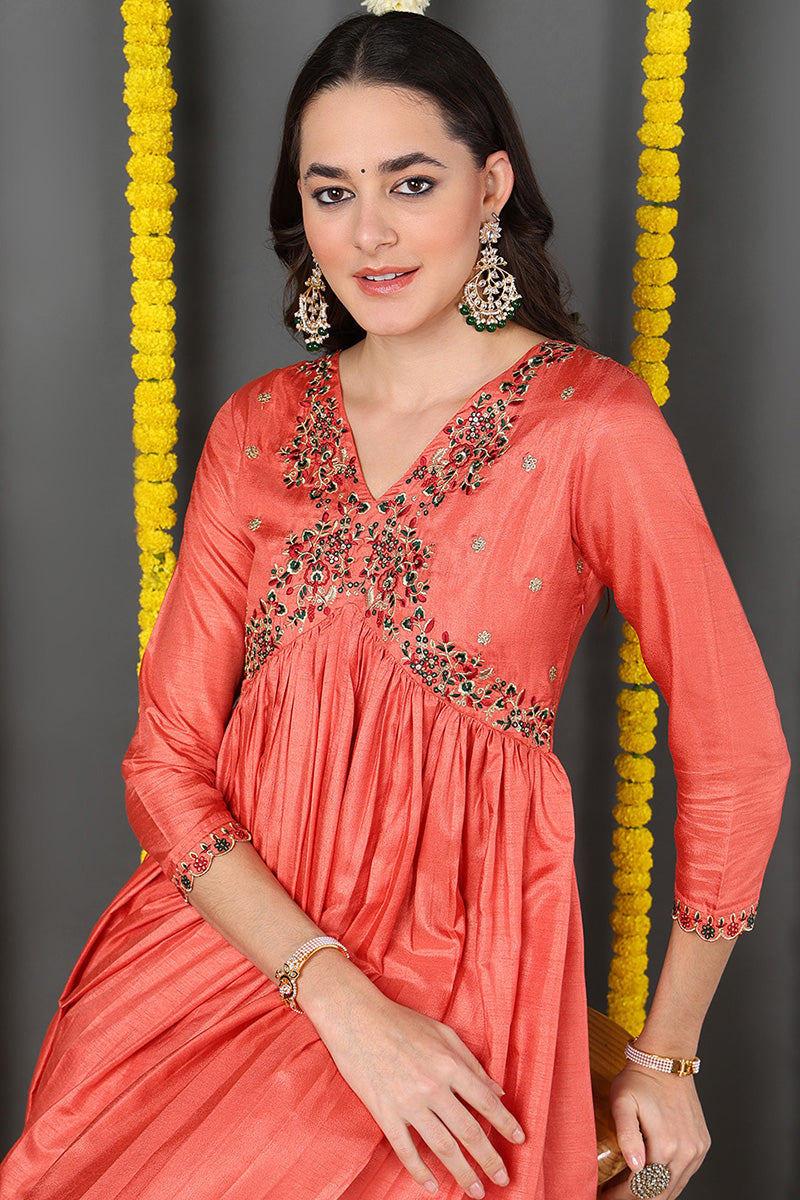 Orange Silk Blend Solid Embroidered Flared Suit Set  | SHOBITAM