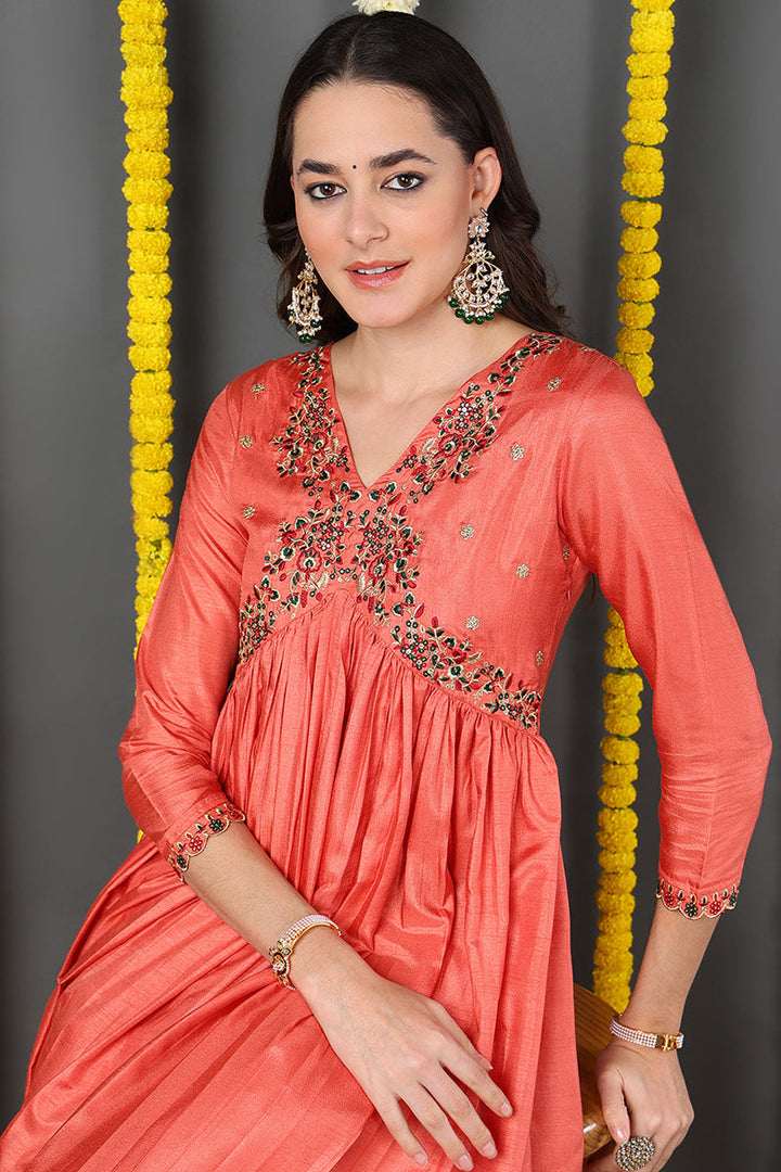 Orange Silk Blend Solid Embroidered Flared Suit Set  | SHOBITAM