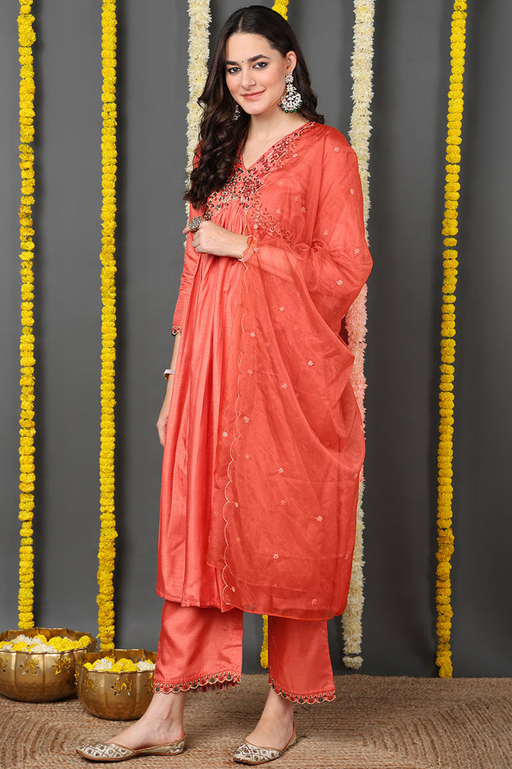 Orange Silk Blend Solid Embroidered Flared Suit Set  | SHOBITAM