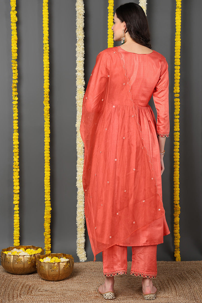 Orange Silk Blend Solid Embroidered Flared Suit Set  | SHOBITAM