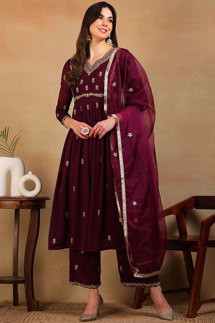 Purple Silk Blend Solid Embroidered Flared Empire Suit Set | SHOBITAM