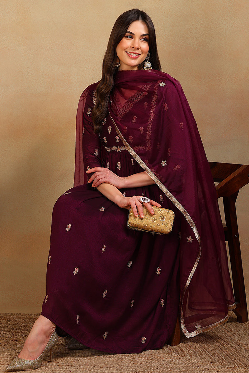 Purple Silk Blend Solid Embroidered Flared Empire Suit Set | SHOBITAM
