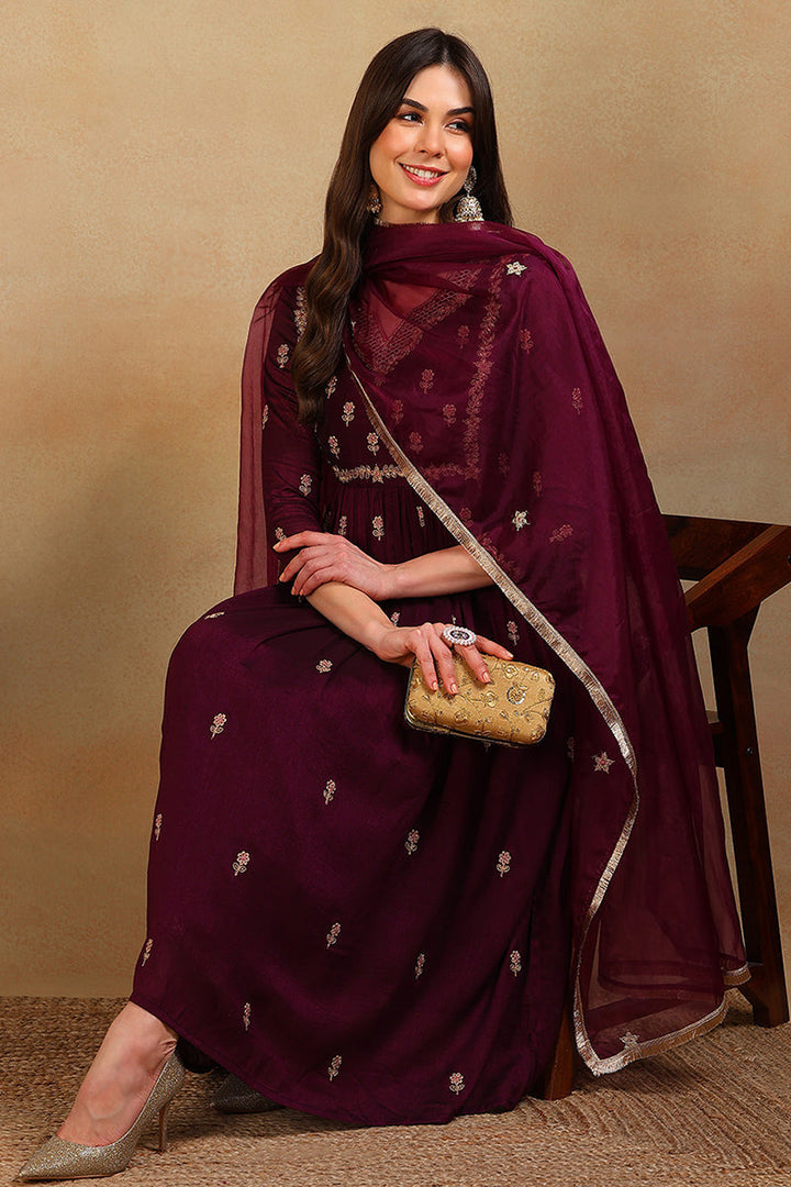 Purple Silk Blend Solid Embroidered Flared Empire Suit Set | SHOBITAM