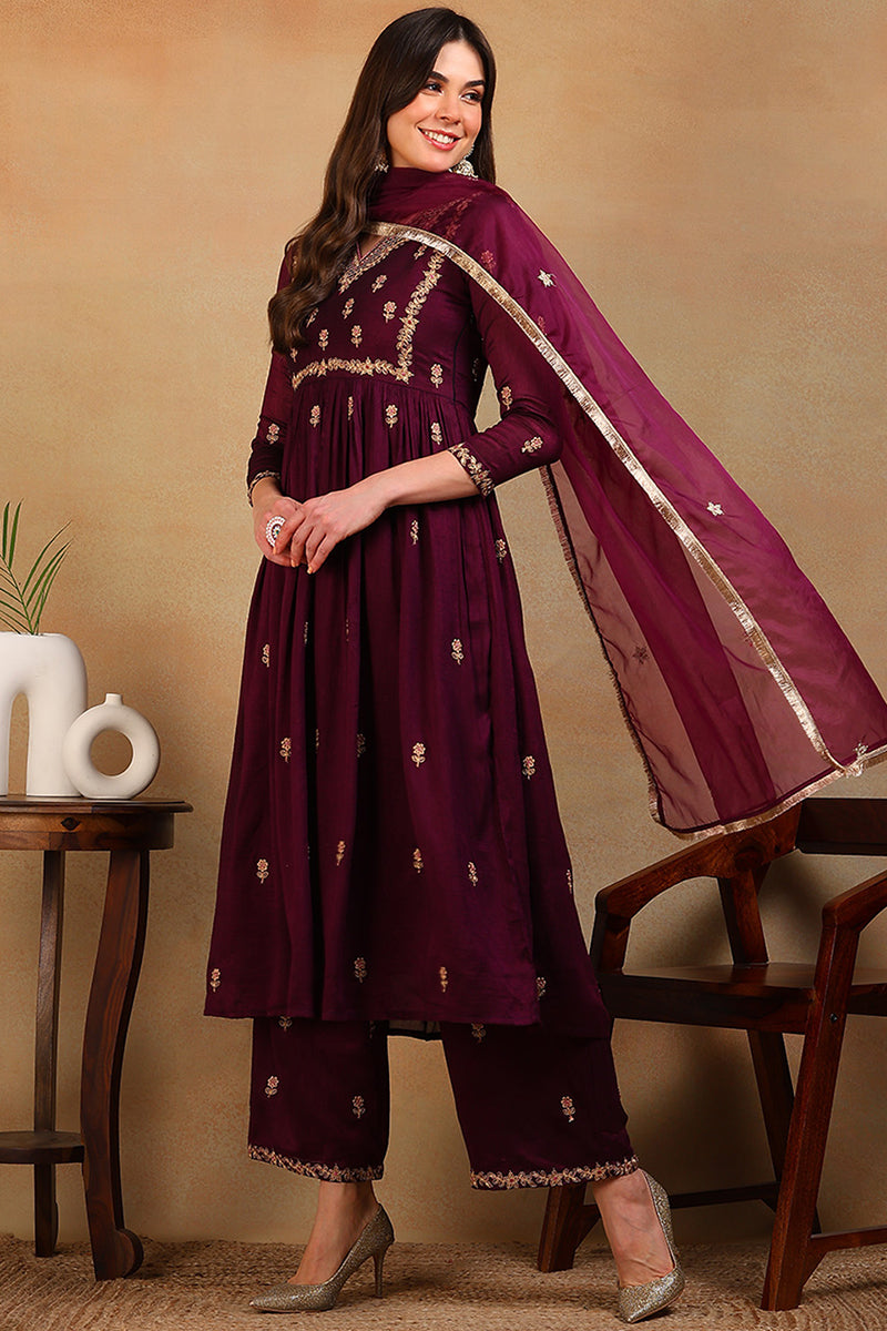 Purple Silk Blend Solid Embroidered Flared Empire Suit Set | SHOBITAM