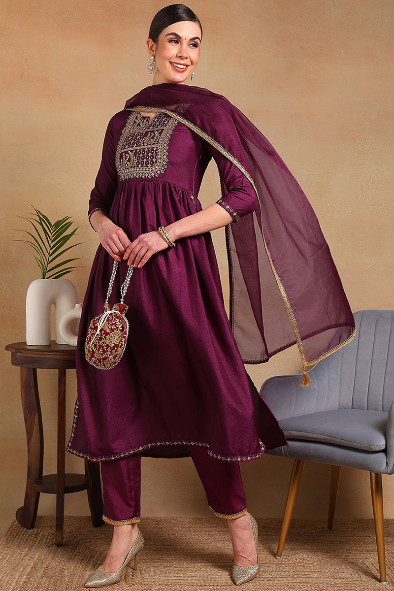 Purple Silk Blend Solid Yoke Design Flared Empire Suit Set | SHOBITAM