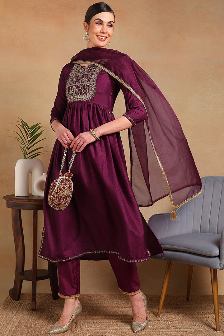Purple Silk Blend Solid Yoke Design Flared Empire Suit Set | SHOBITAM