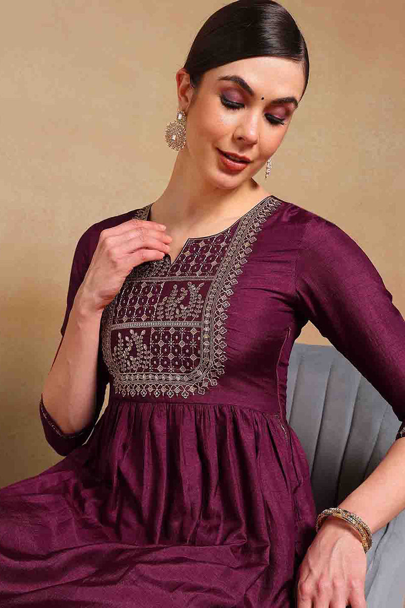 Purple Silk Blend Solid Yoke Design Flared Empire Suit Set | SHOBITAM