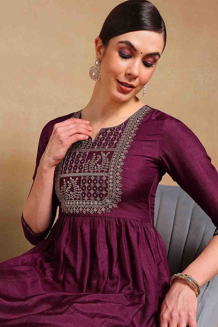 Purple Silk Blend Solid Yoke Design Flared Empire Suit Set | SHOBITAM
