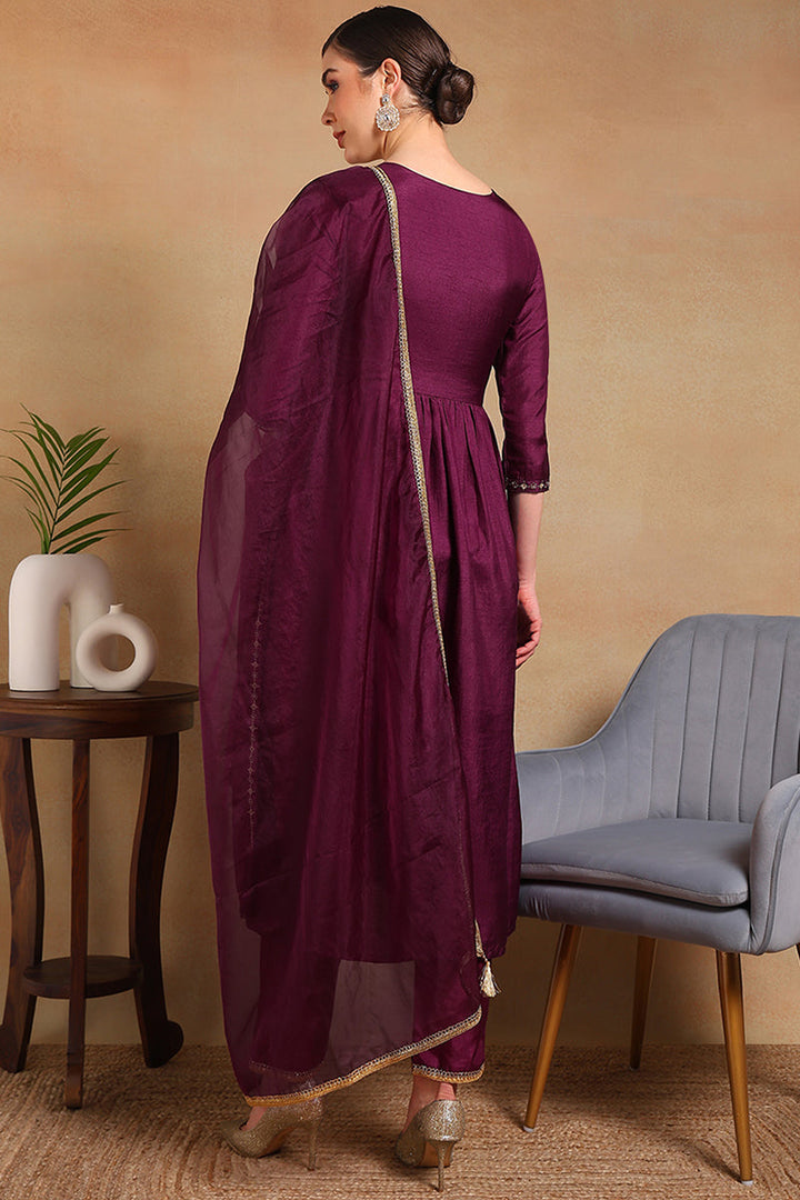 Purple Silk Blend Solid Yoke Design Flared Empire Suit Set | SHOBITAM