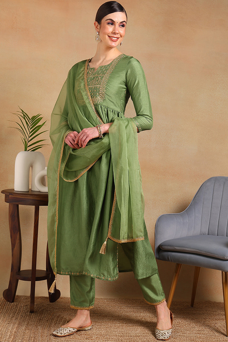 Green Silk Blend Solid Yoke Design Flared Empire Suit Set | SHOBITAM
