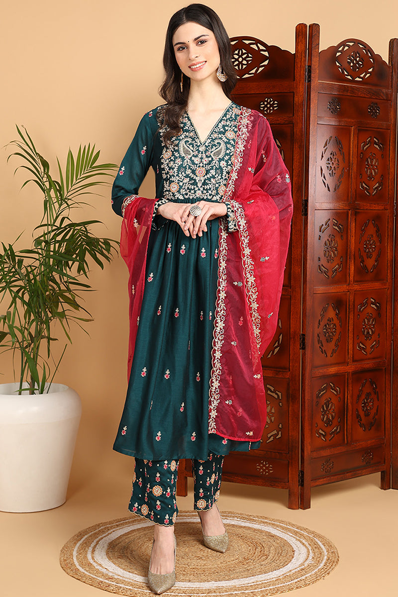 Green Silk Blend Solid Yoke Design Flared Suit Set  | SHOBITAM