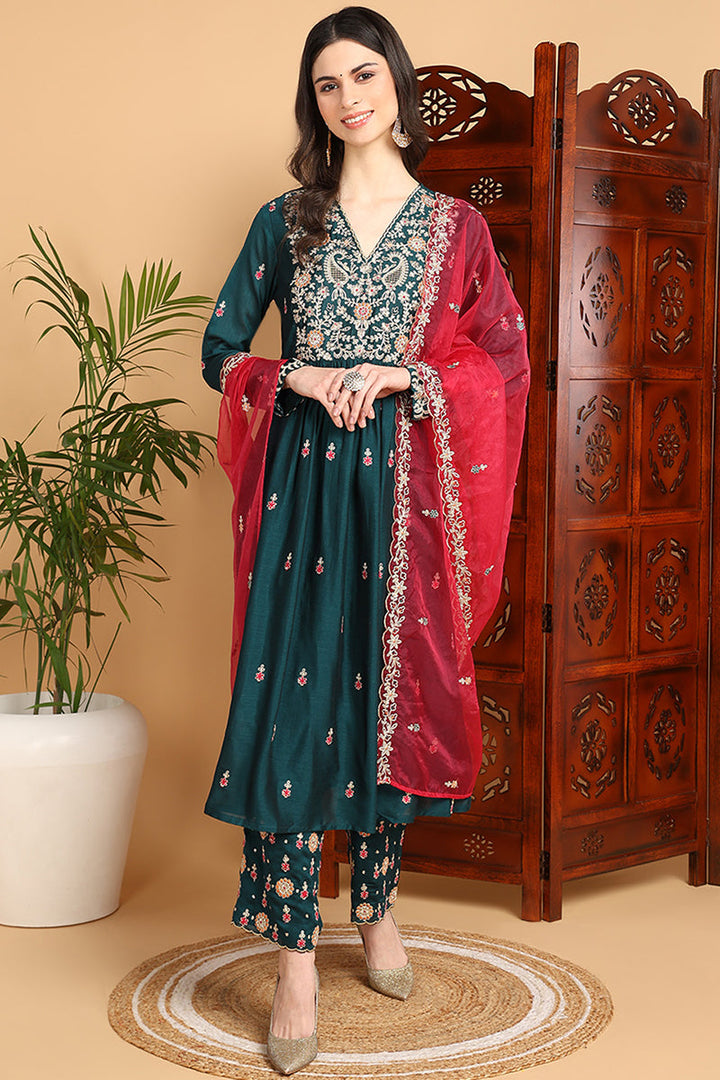 Green Silk Blend Solid Yoke Design Flared Suit Set  | SHOBITAM