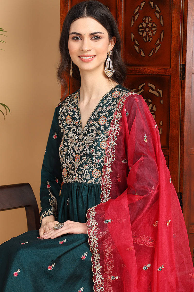 Green Silk Blend Solid Yoke Design Flared Suit Set  | SHOBITAM