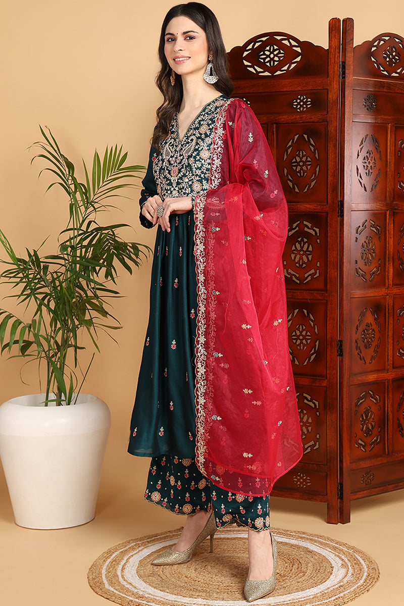 Green Silk Blend Solid Yoke Design Flared Suit Set  | SHOBITAM