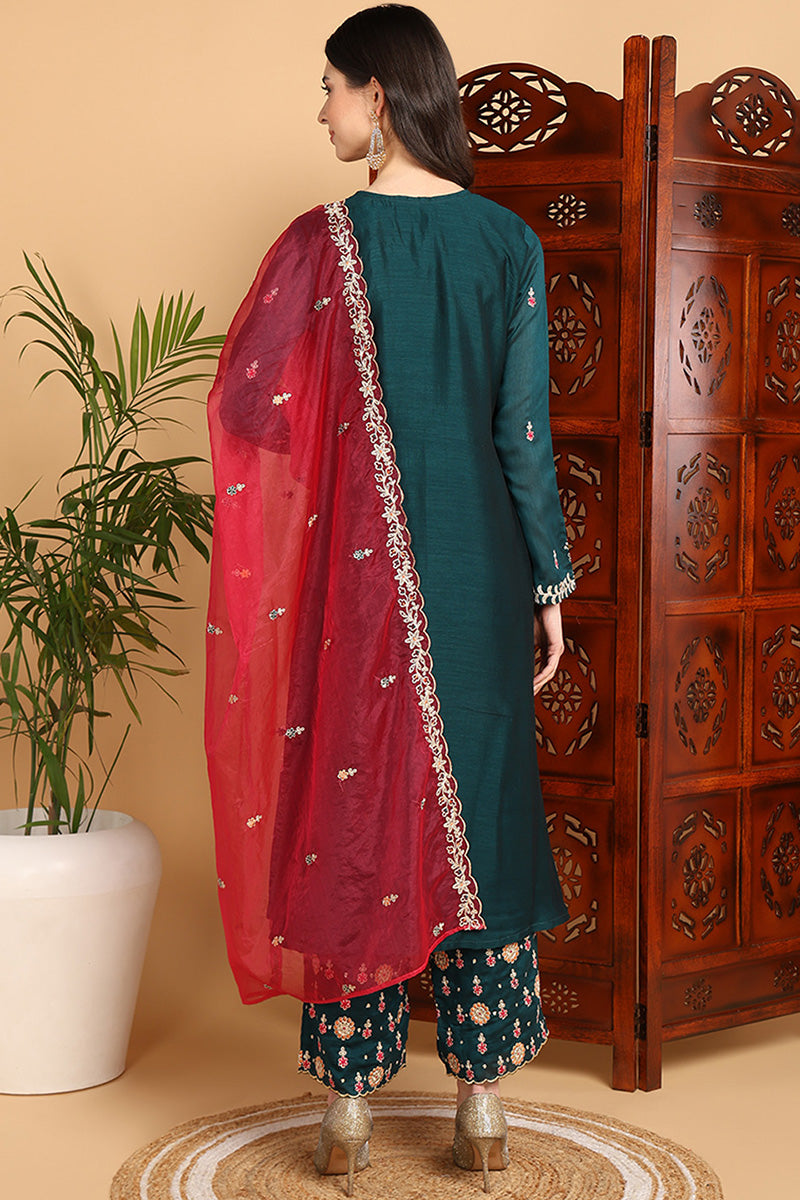 Green Silk Blend Solid Yoke Design Flared Suit Set  | SHOBITAM