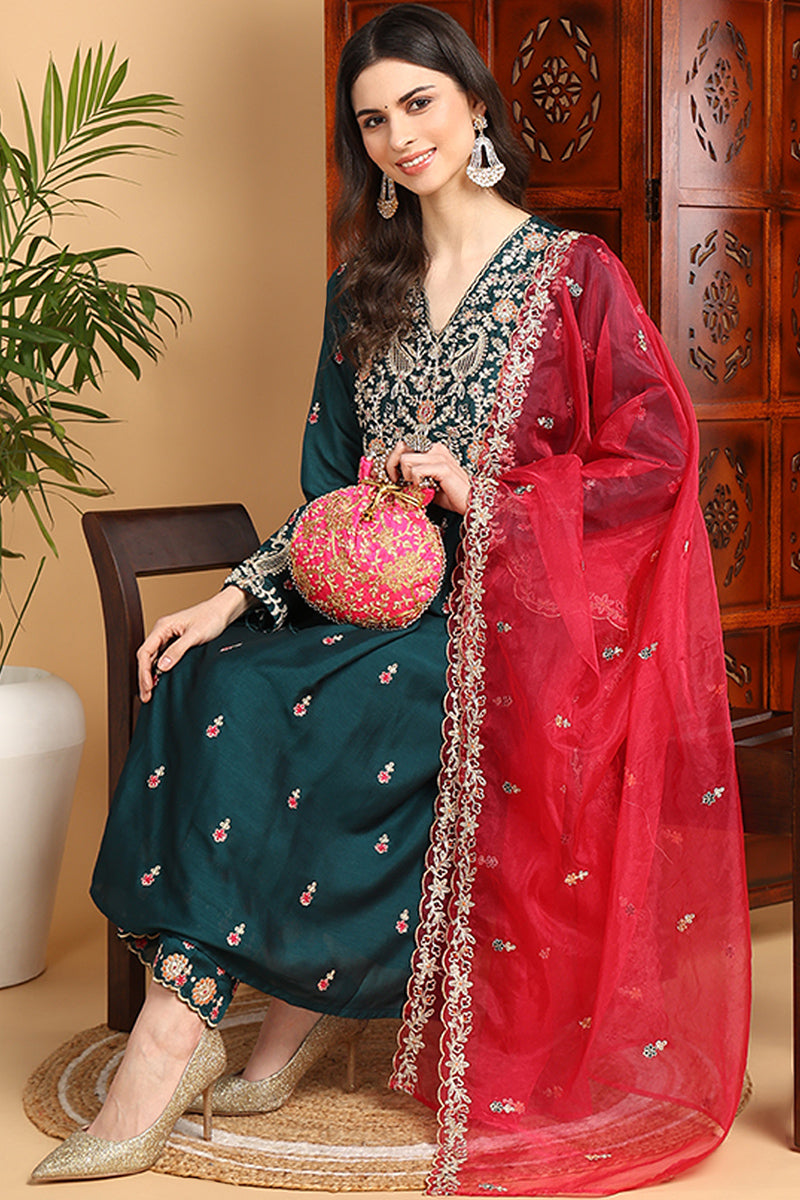 Green Silk Blend Solid Yoke Design Flared Suit Set  | SHOBITAM