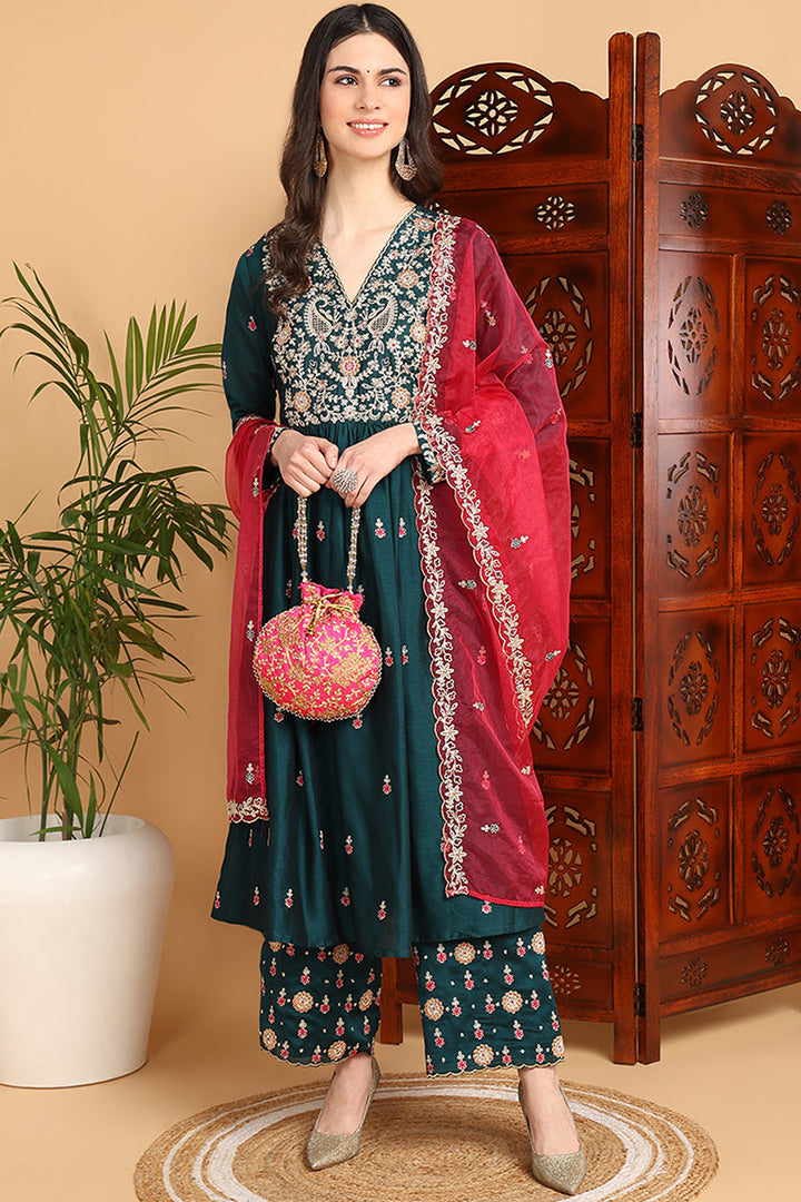 Green Silk Blend Solid Yoke Design Flared Suit Set  | SHOBITAM
