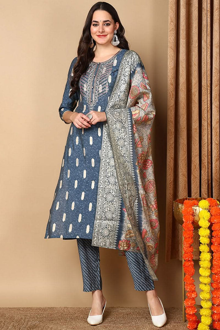 Blue Silk Blend Ethnic Motifs Embroidered Straight Suit Set | SHOBITAM