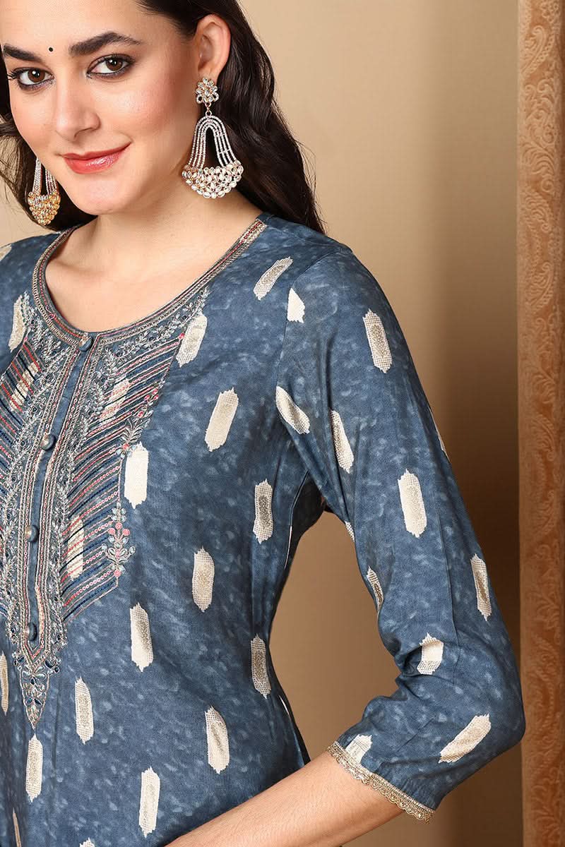 Blue Silk Blend Ethnic Motifs Embroidered Straight Suit Set | SHOBITAM