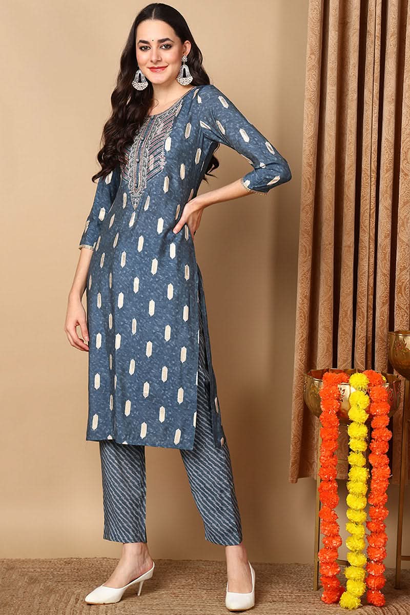 Blue Silk Blend Ethnic Motifs Embroidered Straight Suit Set | SHOBITAM