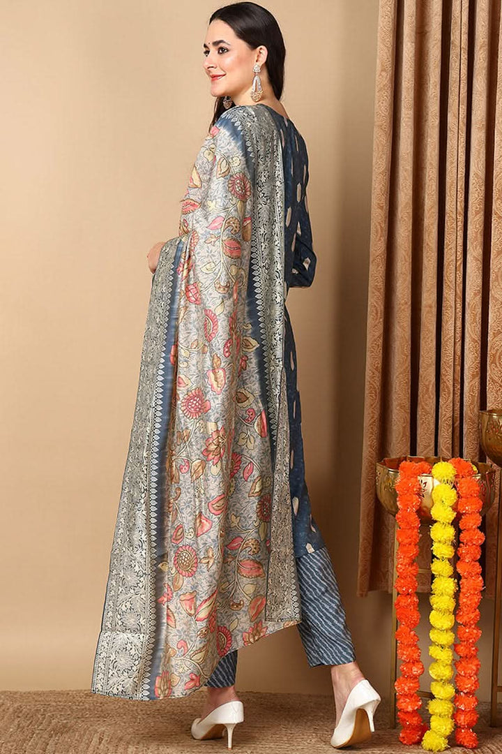 Blue Silk Blend Ethnic Motifs Embroidered Straight Suit Set | SHOBITAM