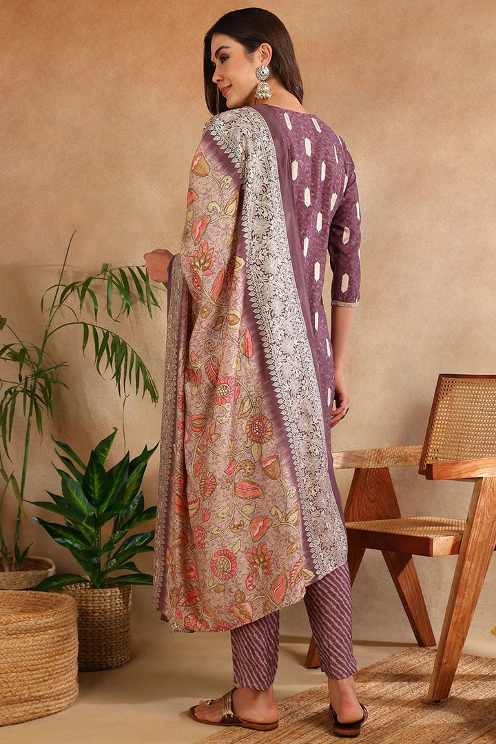 Mauve Silk Blend Ethnic Motifs Embroidered Straight Suit Set | SHOBITAM
