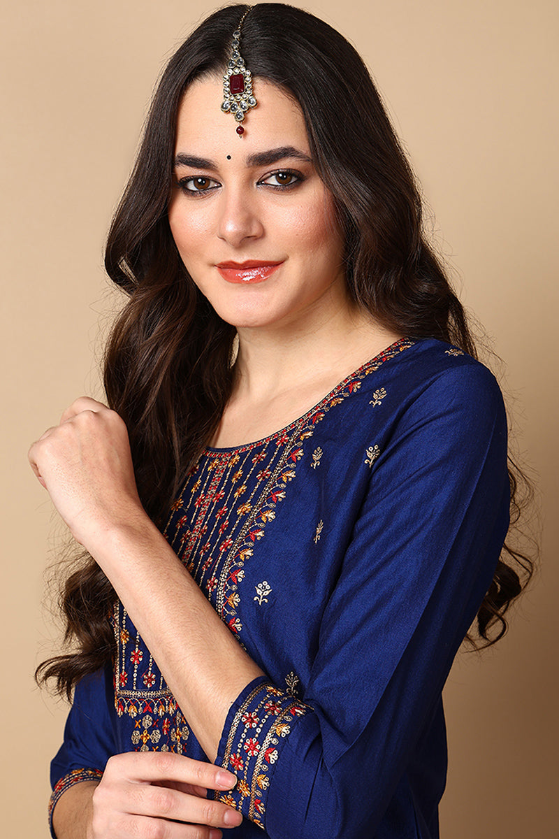 Navy Blue Silk Blend Solid Embroidered Straight Suit Set  | SHOBITAM