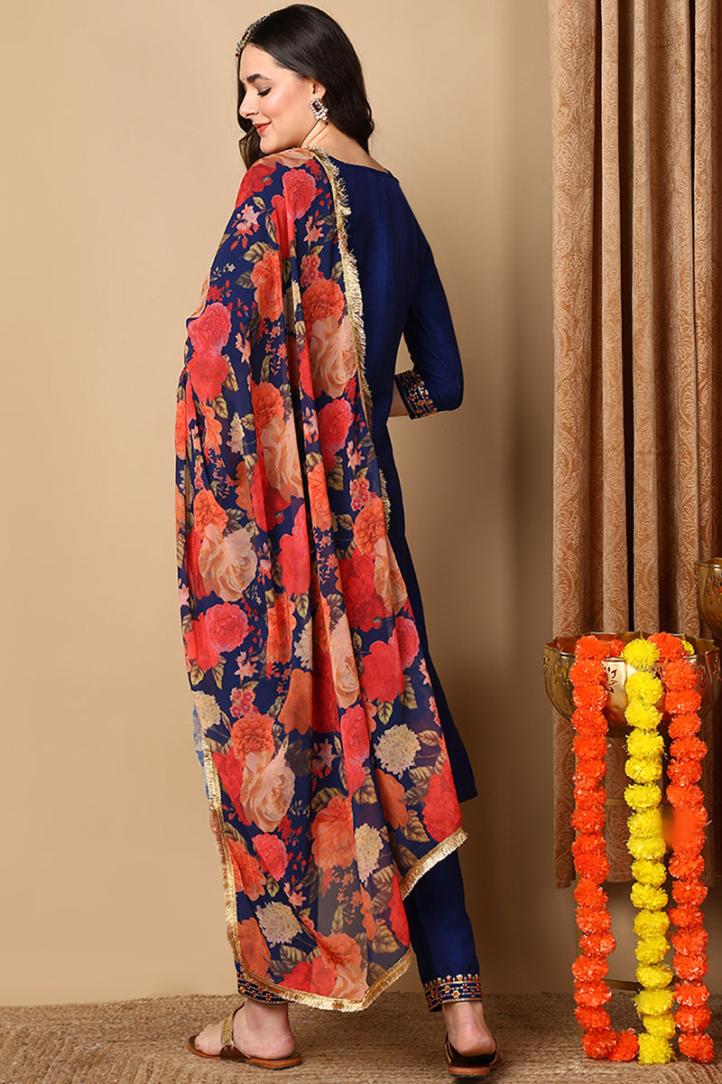 Navy Blue Silk Blend Solid Embroidered Straight Suit Set  | SHOBITAM