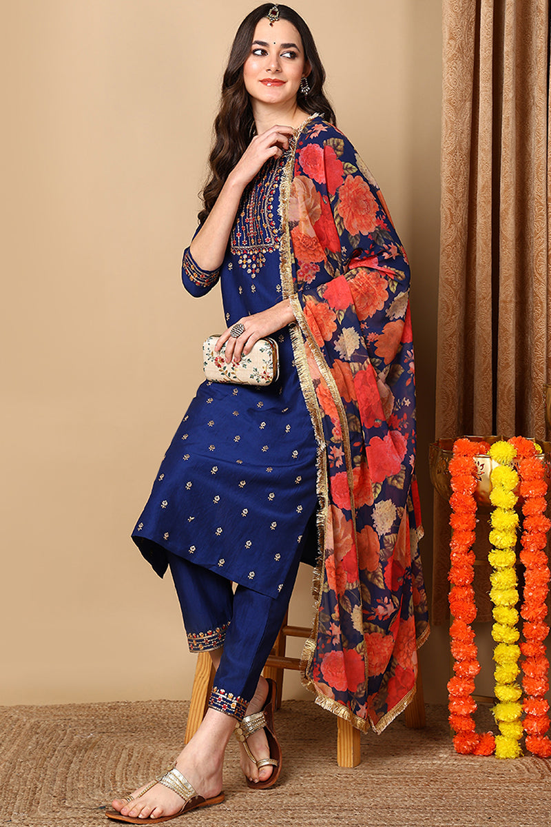 Navy Blue Silk Blend Solid Embroidered Straight Suit Set  | SHOBITAM