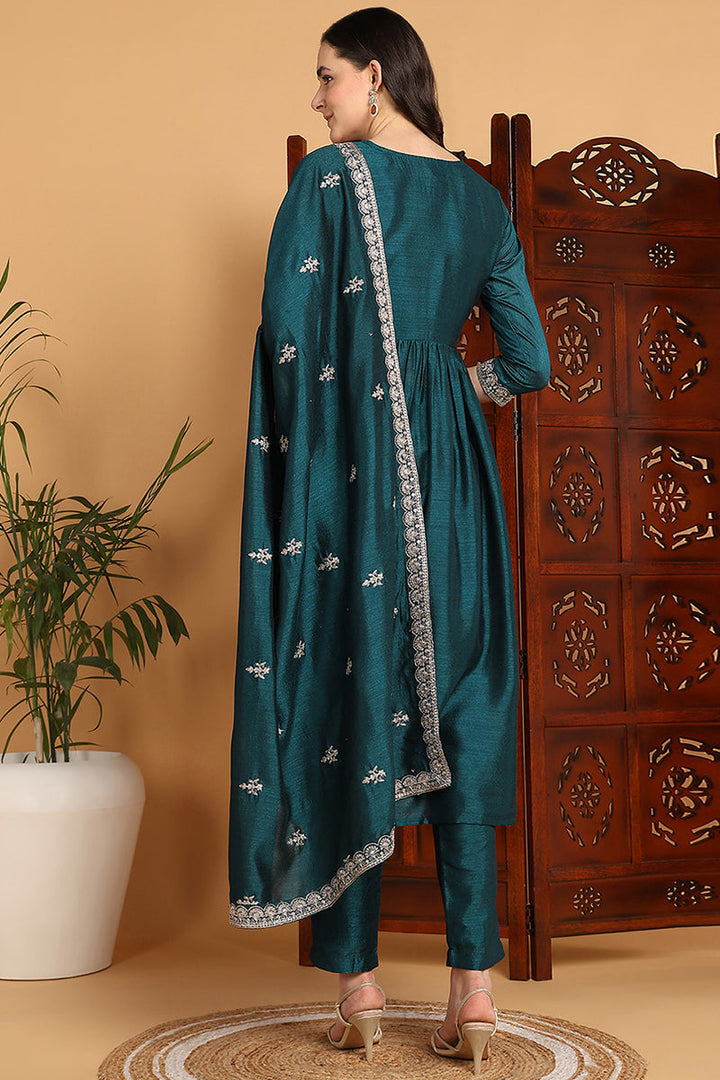 Green Silk Blend Solid Embroidered Flared Suit Set | SHOBITAM
