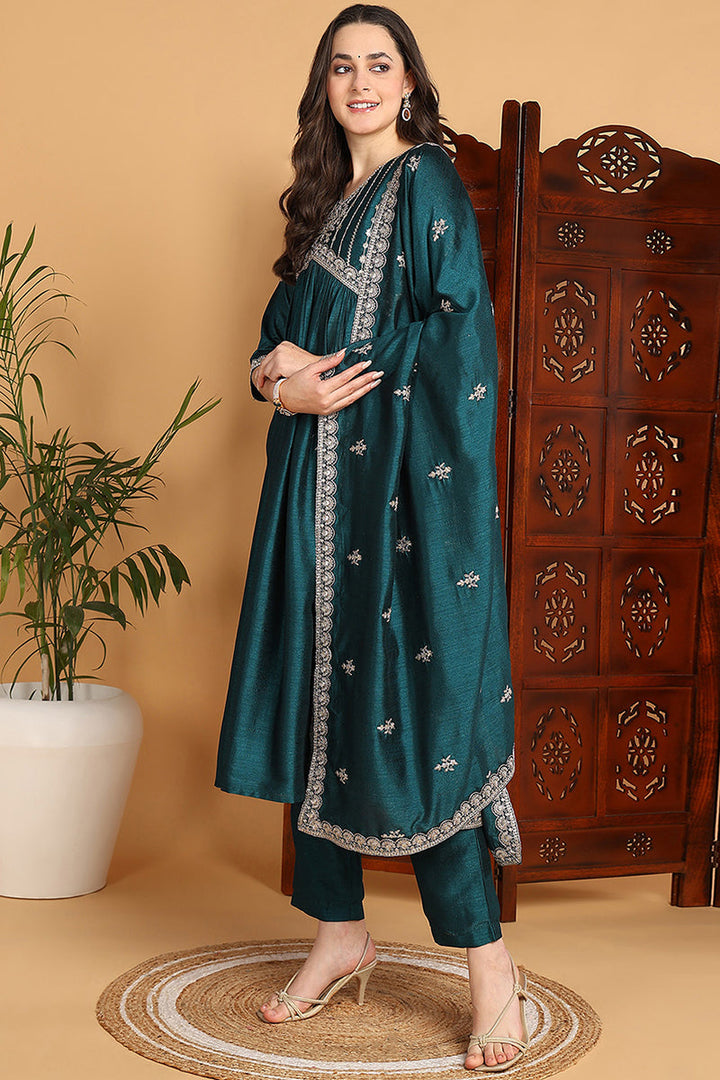 Green Silk Blend Solid Embroidered Flared Suit Set | SHOBITAM