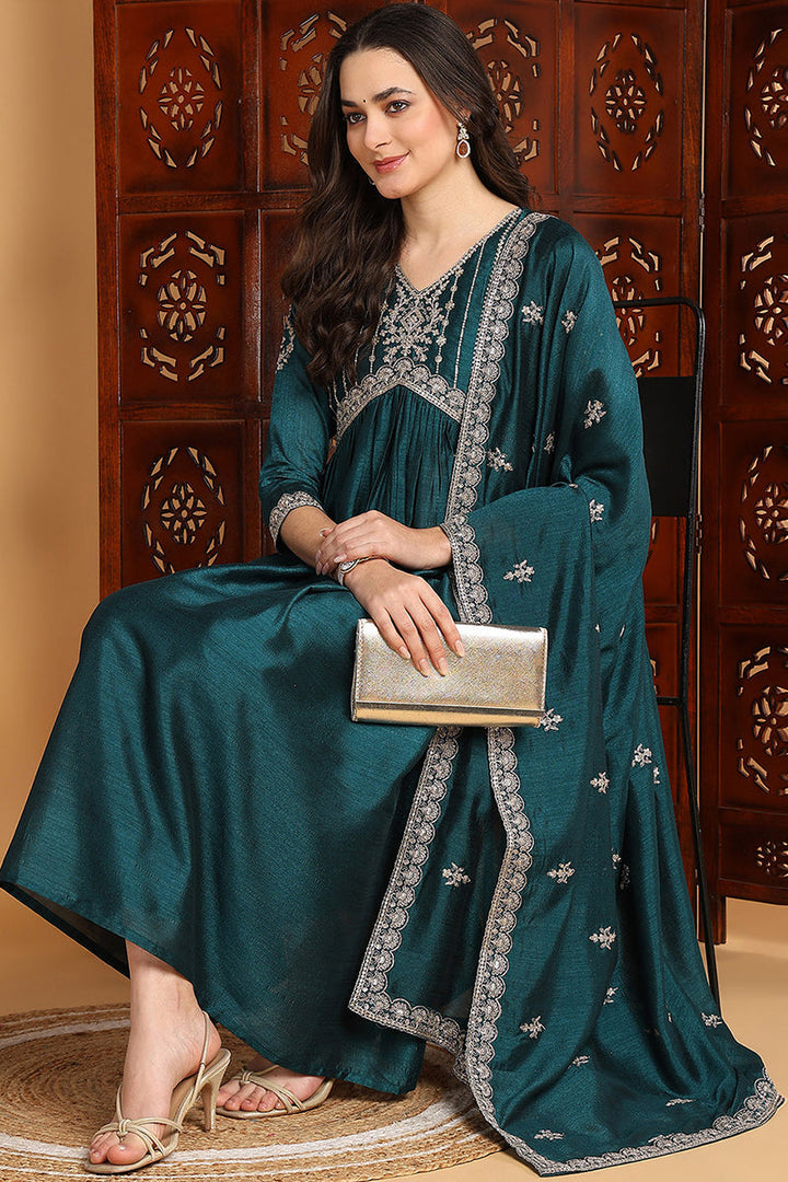 Green Silk Blend Solid Embroidered Flared Suit Set | SHOBITAM