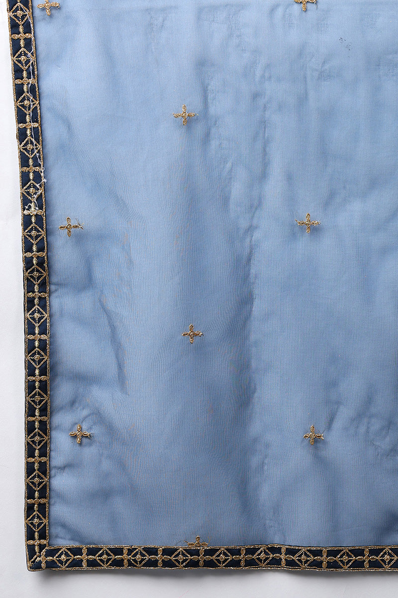 Blue Silk Blend Solid Embroidered Straight Suit Set | SHOBITAM