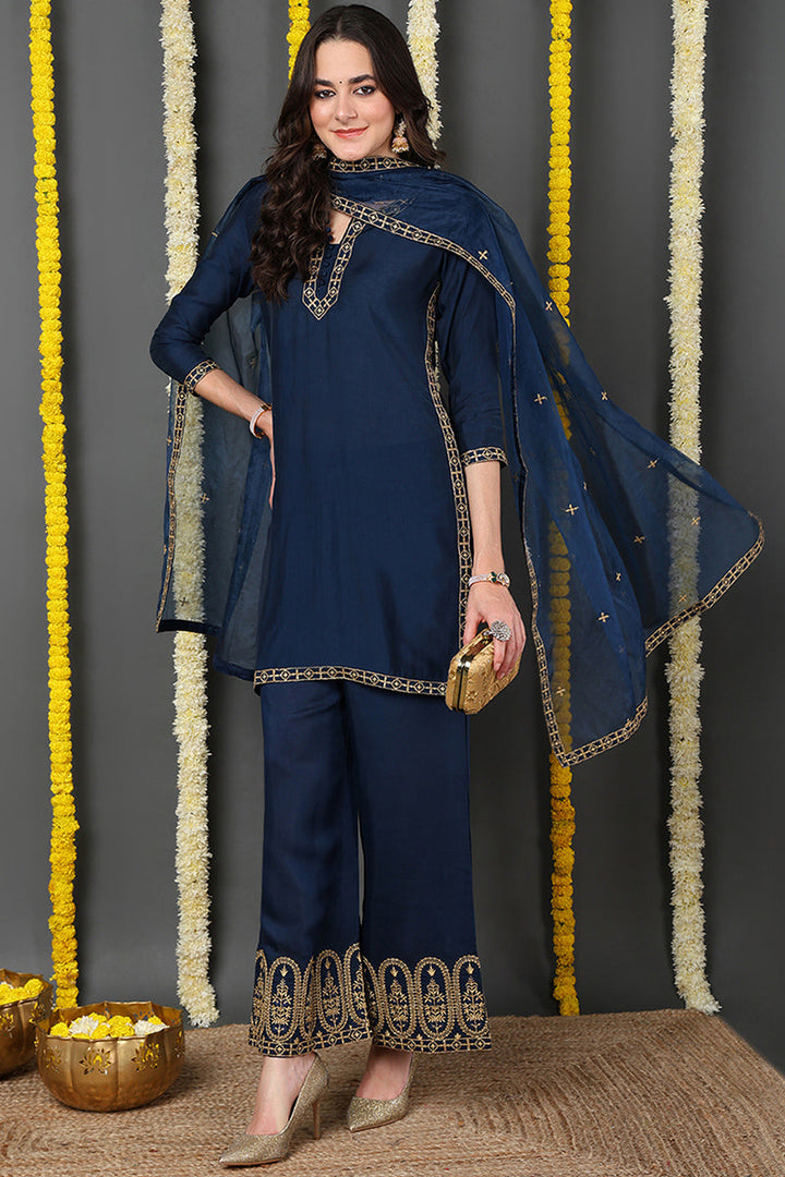 Blue Silk Blend Solid Embroidered Straight Suit Set | SHOBITAM