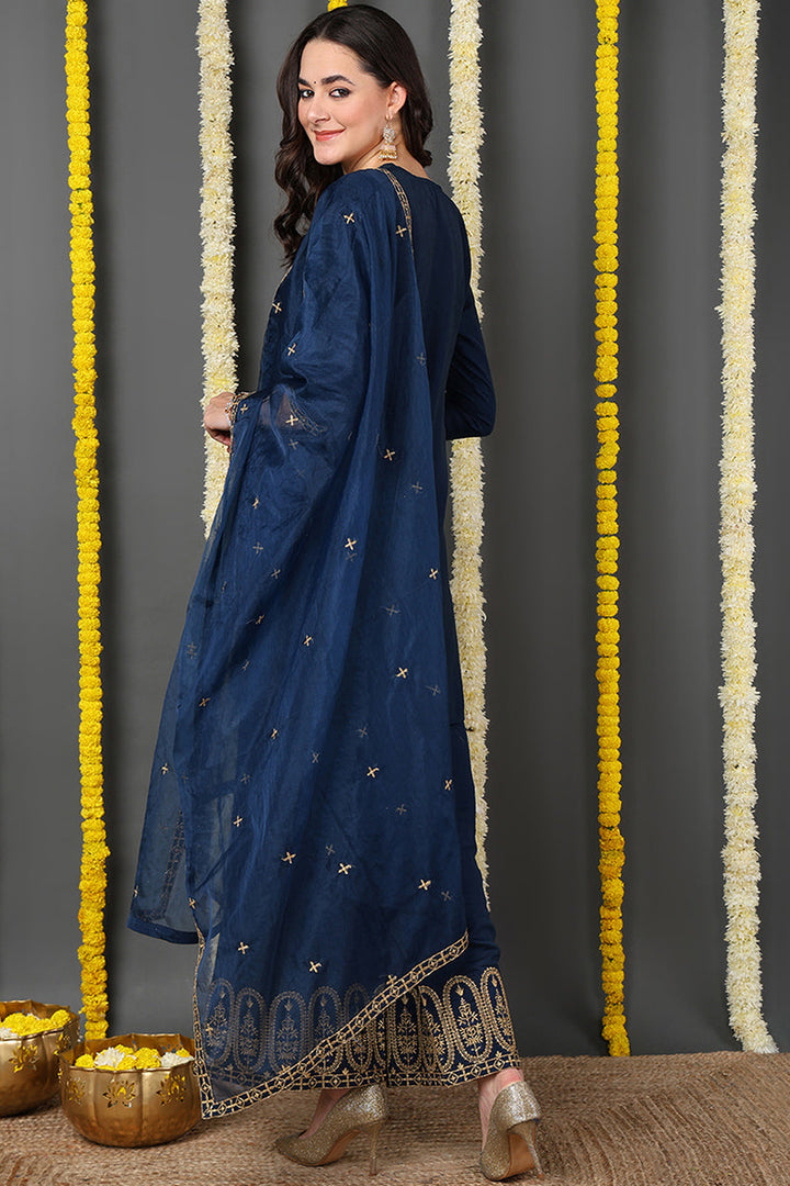 Blue Silk Blend Solid Embroidered Straight Suit Set | SHOBITAM