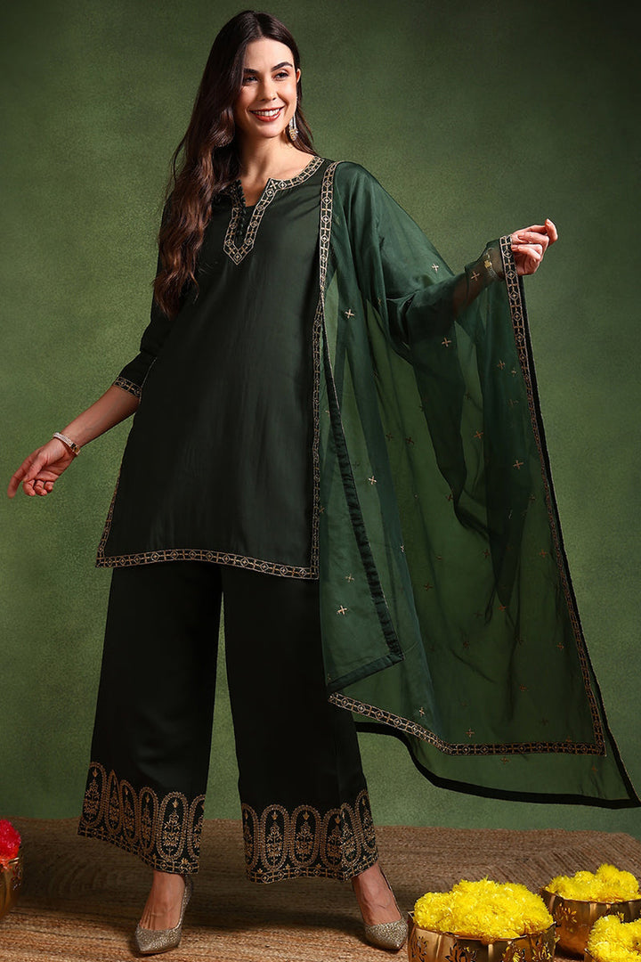 Green Silk Blend Solid Embroidered Straight Suit Set | SHOBITAM