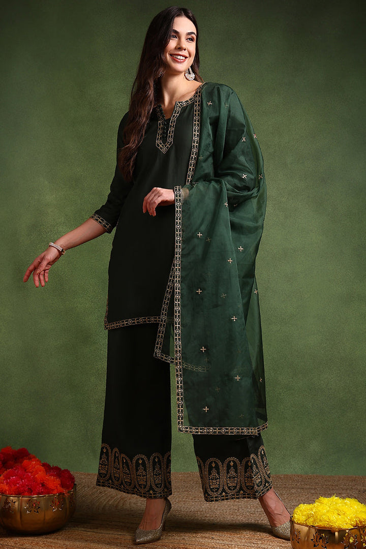 Green Silk Blend Solid Embroidered Straight Suit Set | SHOBITAM