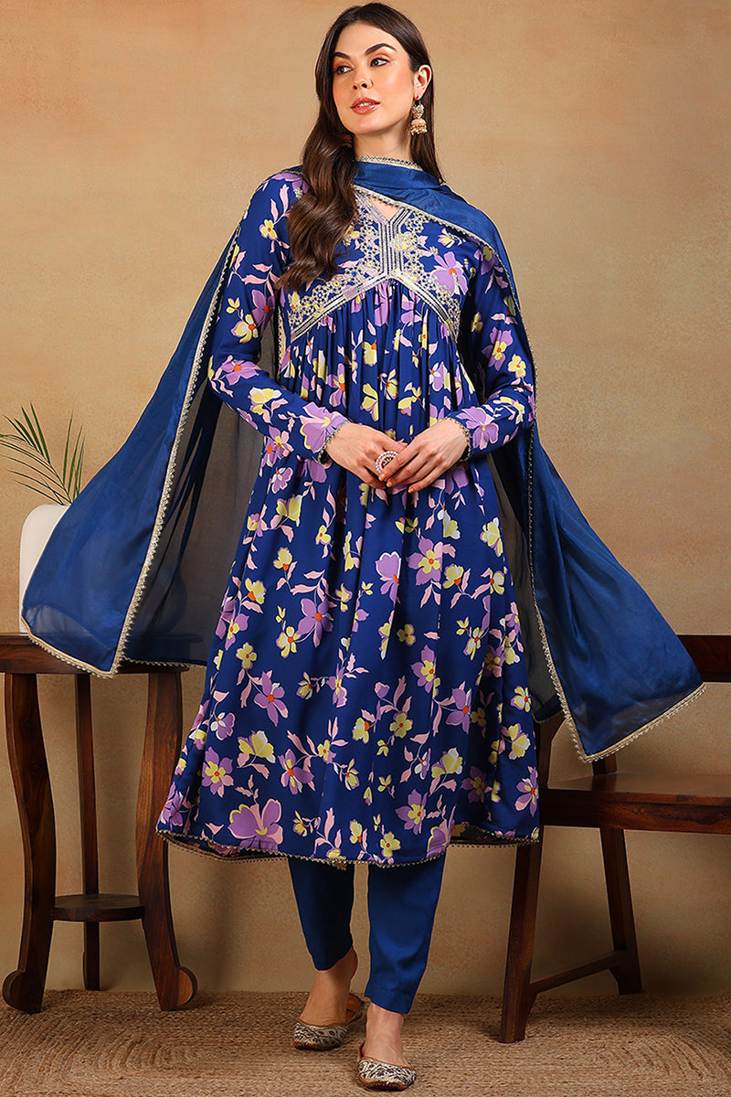 Blue Poly Georgette Floral Printed Flared Suit Set  | SHOBITAM